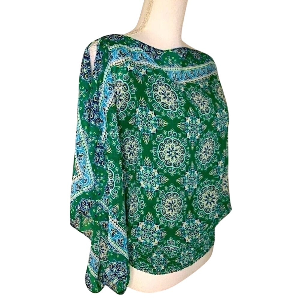 Max Studio Boho Batwing Floral Top Women Small Green